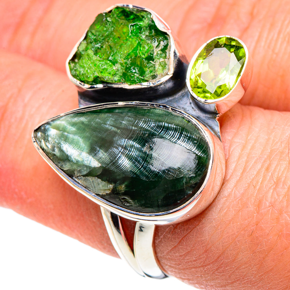 Seraphinite, Chrome Diopside, Peridot Rings handcrafted by Ana Silver Co - RING95132