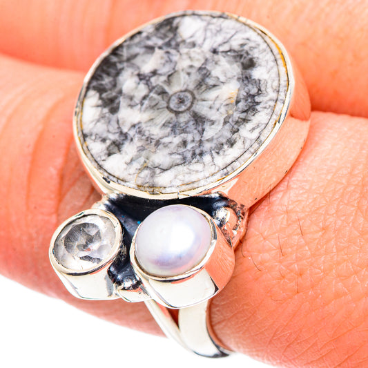Goniatite Fossil, White Quartz, Cultured Pearl Rings handcrafted by Ana Silver Co - RING95153