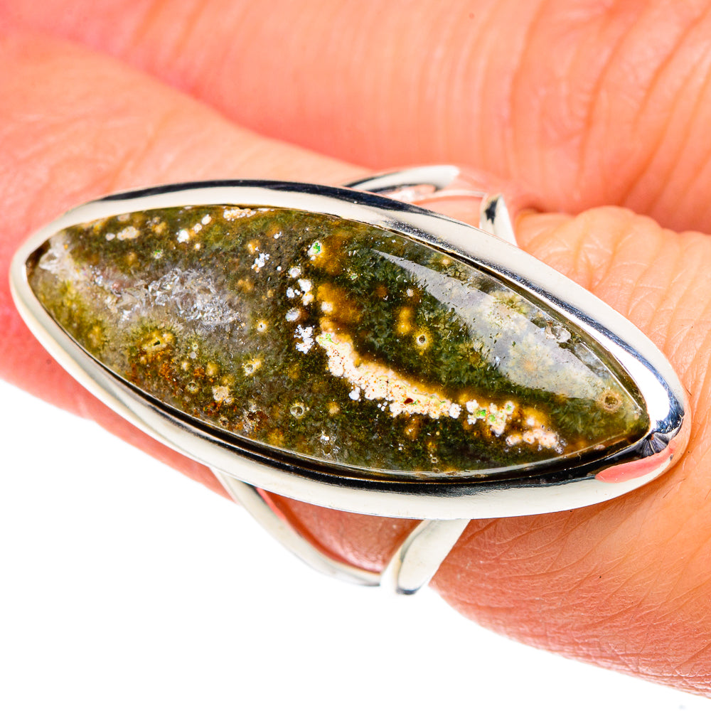 Sterling silver ocean jasper ring with oval green-gold stone and white veining