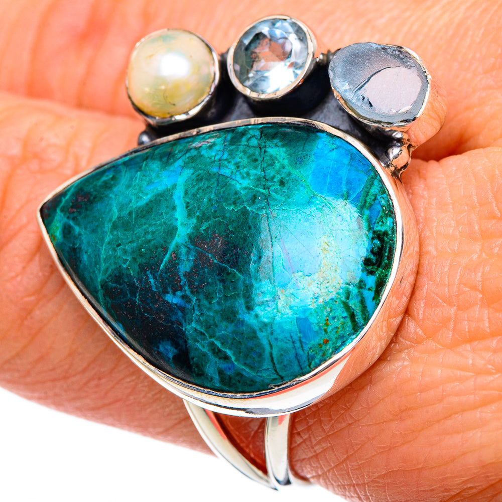 Chrysocolla, Aquamarine, Blue Topaz, Cultured Pearl Rings handcrafted by Ana Silver Co - RING95184