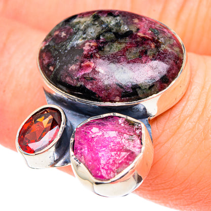 925 sterling silver ring with eudialyte oval, pink tourmaline oval, and red garnet accents