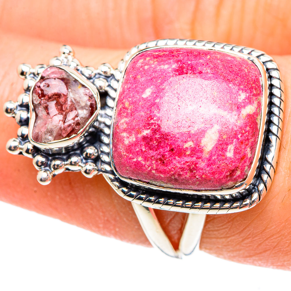 Pink gemstone ring in sterling silver, oval cabochon with detailed side frame