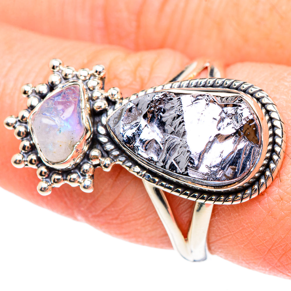 Sterling silver double teardrop ring with beaded halo, opalescent lilac top gem