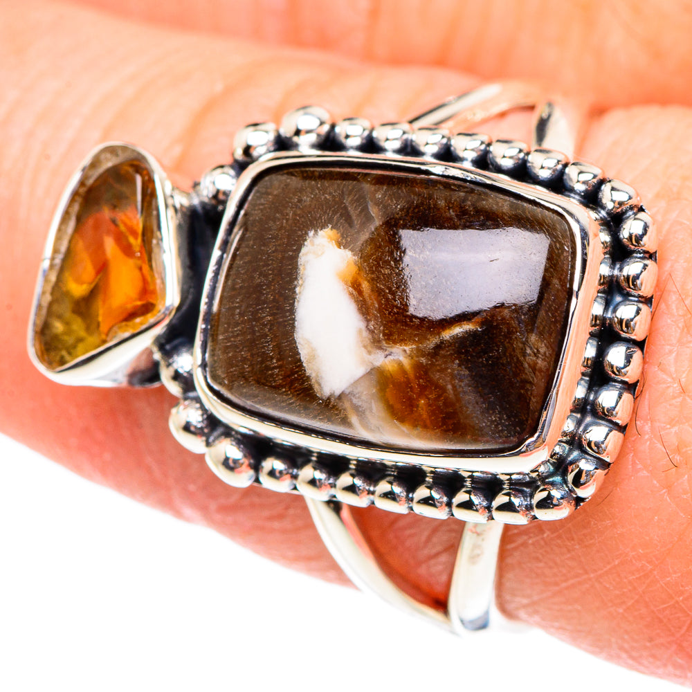 925 sterling silver ring with square jasper and citrine, dark brown and yellow gems