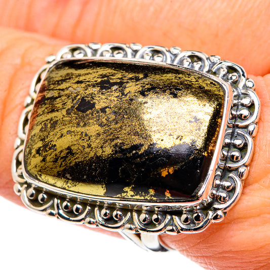 Pyrite In Black Onyx Rings handcrafted by Ana Silver Co - RING95490