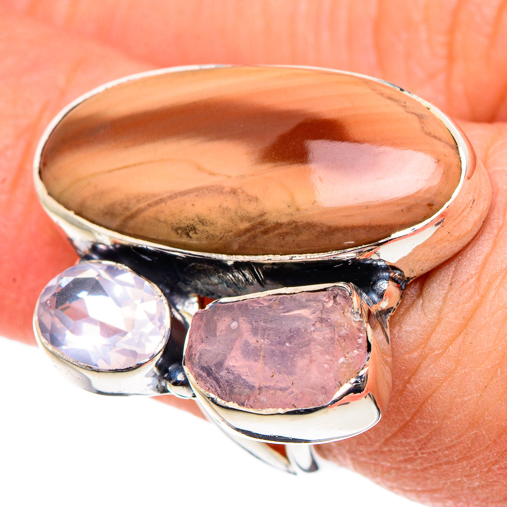 925 sterling silver ring with amber oval stone and rose & white quartz accents