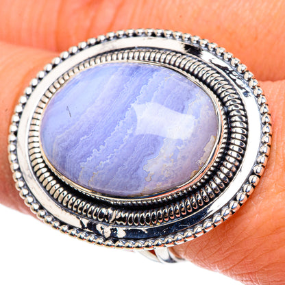 Oval blue lace agate cabochon silver ring with scalloped beaded bezel; size 8.25