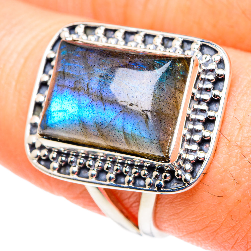 Labradorite ring with square blue flash stone in 925 sterling silver bezel setting