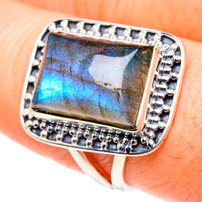 Labradorite ring with square blue flash stone in 925 sterling silver bezel setting