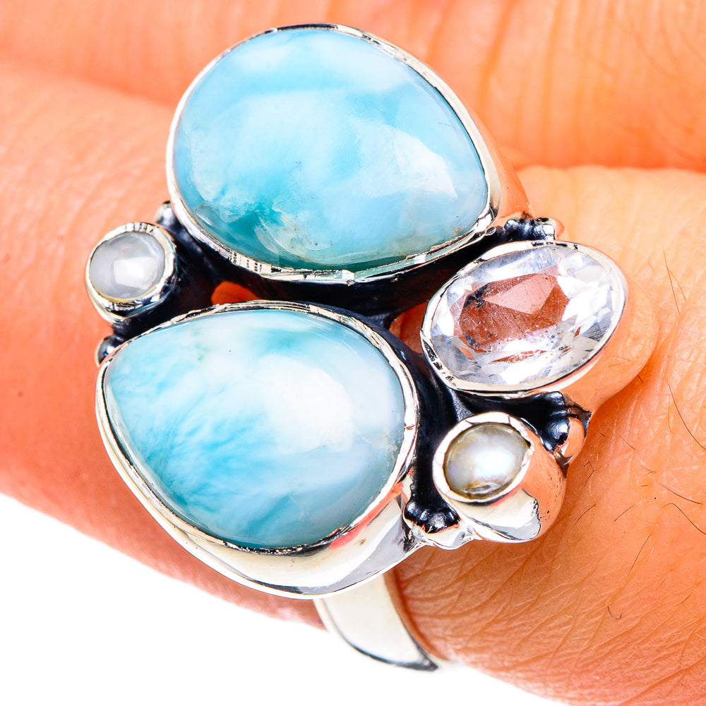 Larimar, White Quartz, Cultured Pearl Rings handcrafted by Ana Silver Co - RING95855