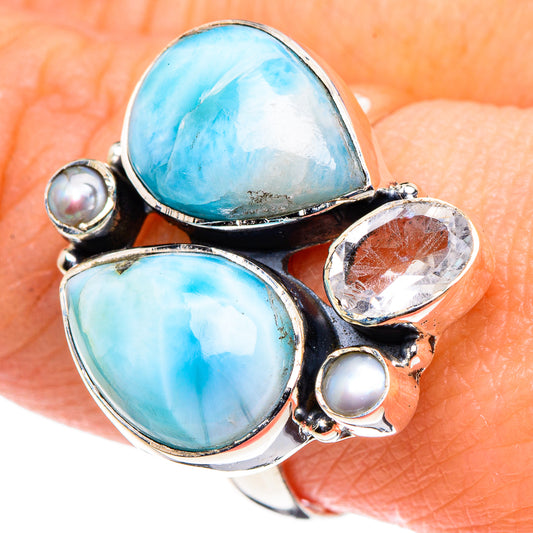 Larimar, White Quartz, Cultured Pearl Rings handcrafted by Ana Silver Co - RING95916