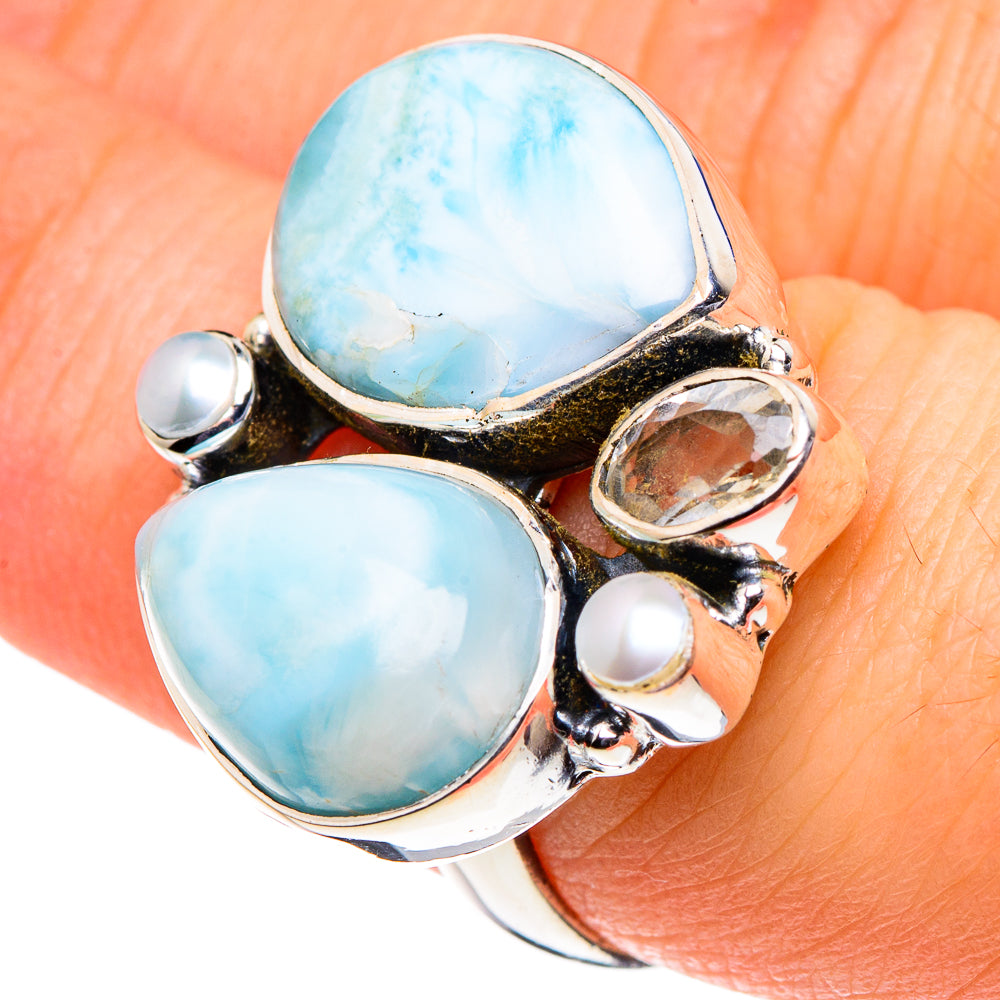 Larimar, White Quartz, Cultured Pearl Rings handcrafted by Ana Silver Co - RING95922