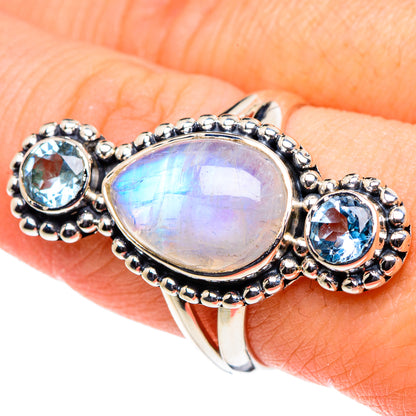 Rainbow Moonstone, Blue Topaz Rings handcrafted by Ana Silver Co - RING95927