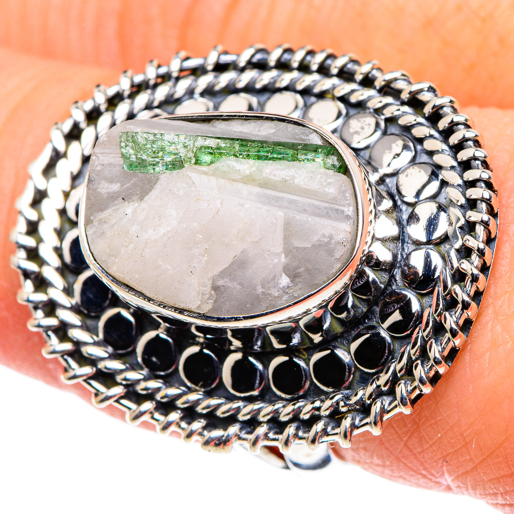 Sterling silver oval quartz ring with green tourmaline and textured beadwork band