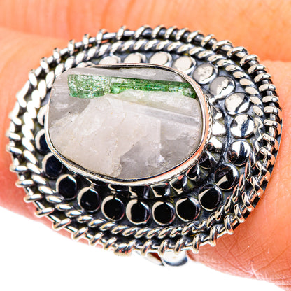 Sterling silver oval quartz ring with green tourmaline and textured beadwork band