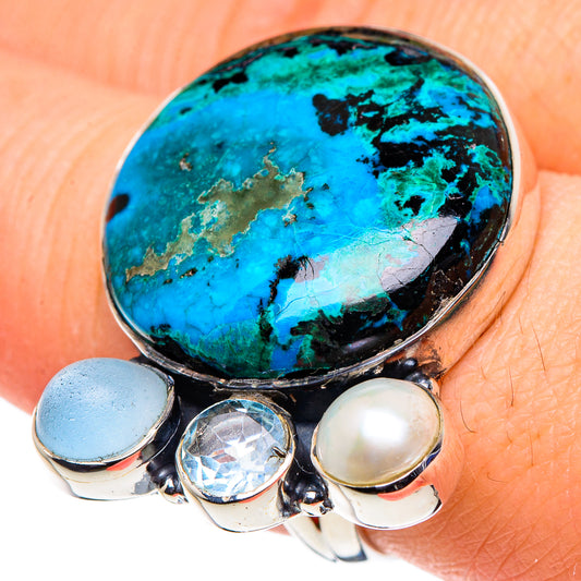 Shattuckite, Blue Topaz, Aqua Chalcedony, Cultured Pearl Rings handcrafted by Ana Silver Co - RING95935