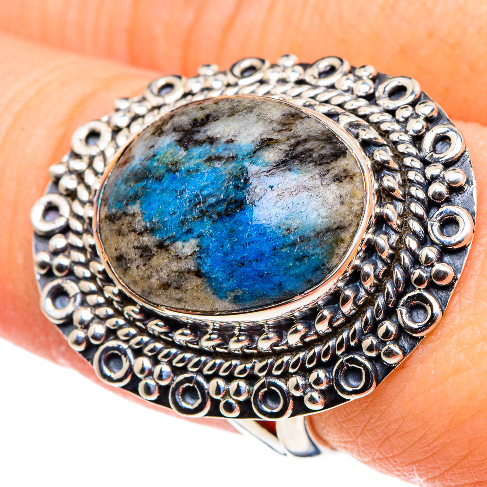 Sterling silver oval azurite ring with filigree bead border and blue stone center