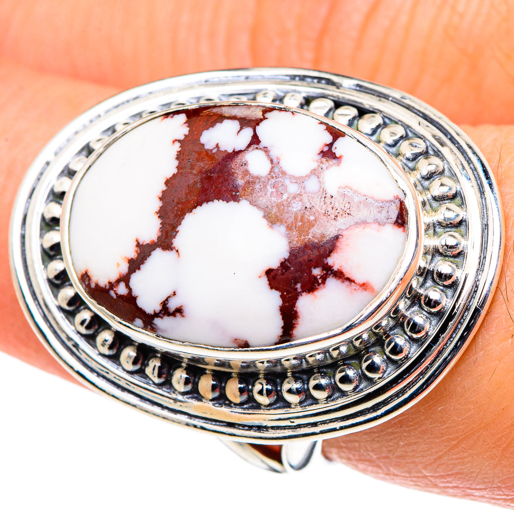 Wild horse jasper cabochon sterling silver ring, oval setting on hand