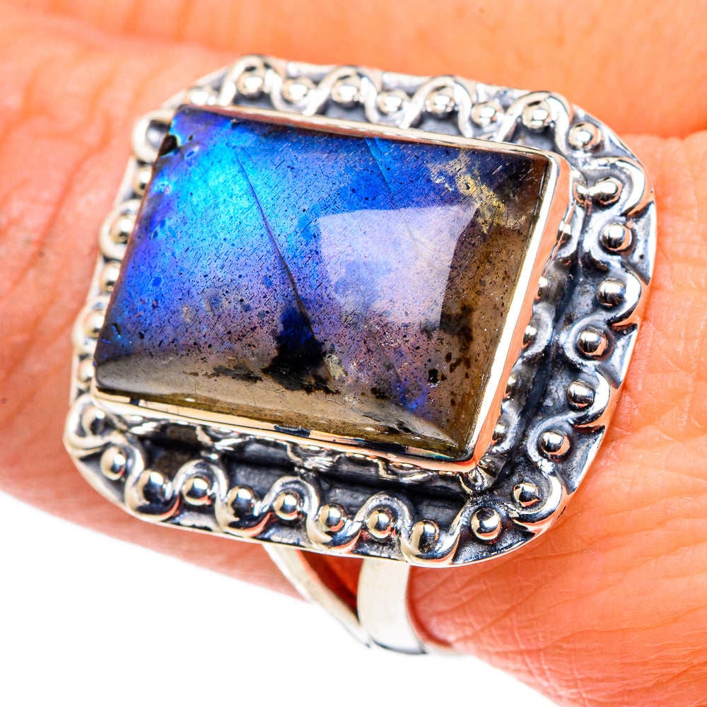 Large labradorite ring, size 9, ornate 925 sterling silver setting with blue iridescence
