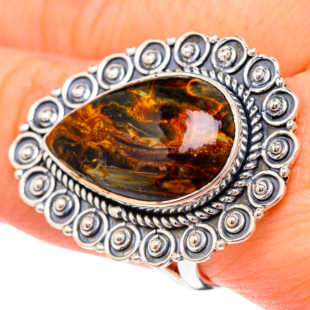 925 sterling silver pietersite ring with oval teardrop stone, beaded outer frame