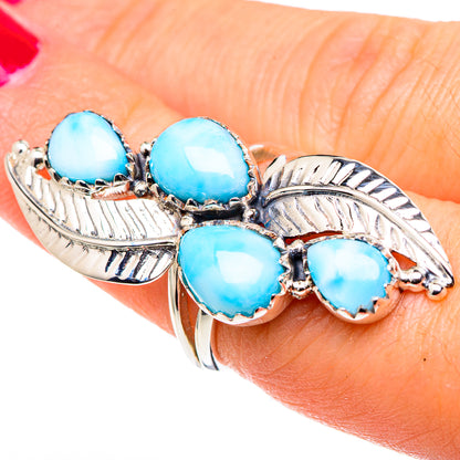Blue larimar-stone oval ring in 925 sterling silver, four-stone cluster with leaf setting