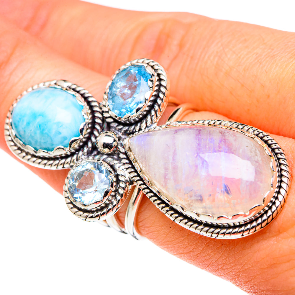 Rainbow Moonstone, London Blue Topaz Rings handcrafted by Ana Silver Co - RING96387