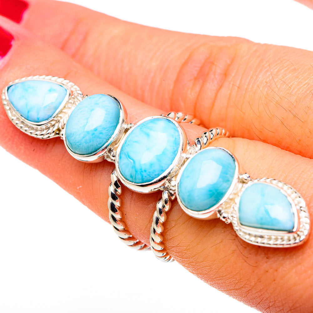 Larimar gemstone ring in 925 sterling silver, five blue teardrop stones on band
