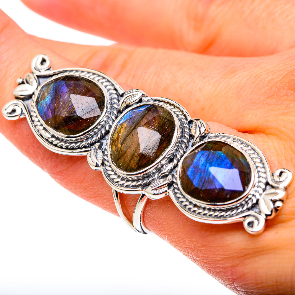 Sterling silver labradorite ring with three oval blue-violet gemstones