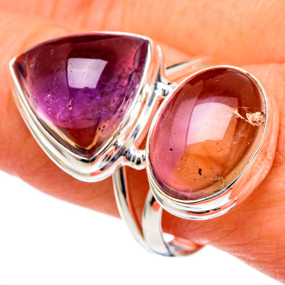Large sterling silver ring with purple and orange ametrine teardrop gemstones
