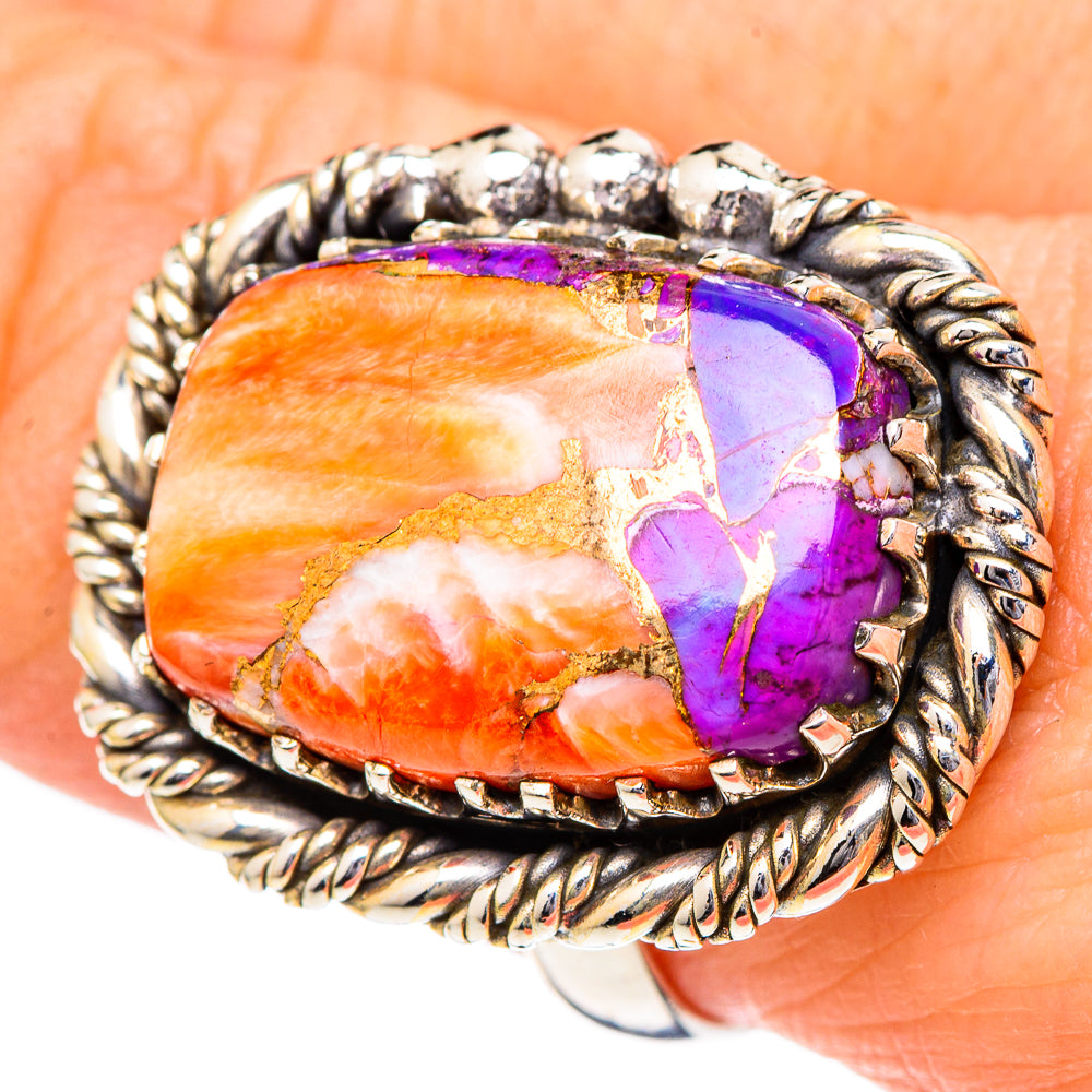 Large spiny oyster turquoise ring with oval orange and purple stone, twisted silver band