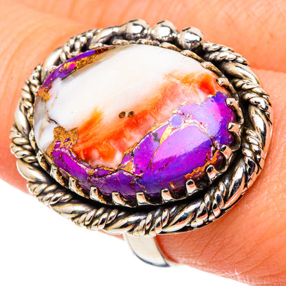 925 silver ring close-up: oval purple-orange spiny oyster cabochon with rope bezel
