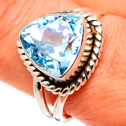 Sterling silver blue topaz ring, pear-shaped gemstone with rope-like edge detailing