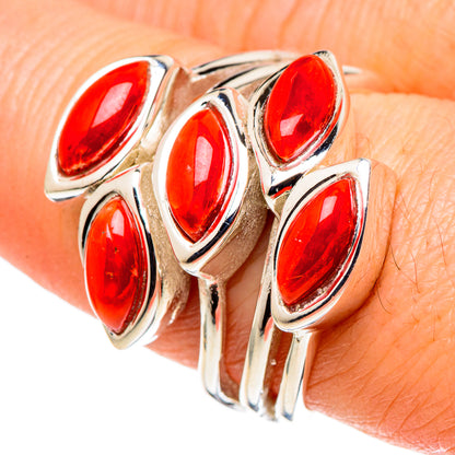 Red coral marquise bezel ring on silver band, 5 red stones