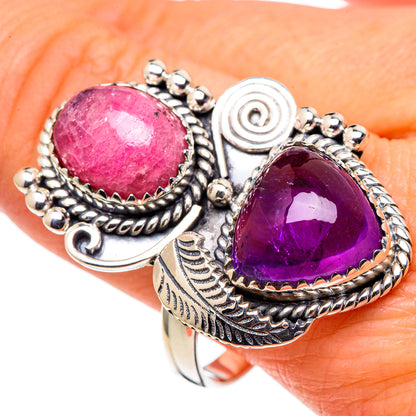Sterling silver double-stone ring with pink rhodonite and purple amethyst, ornate setting