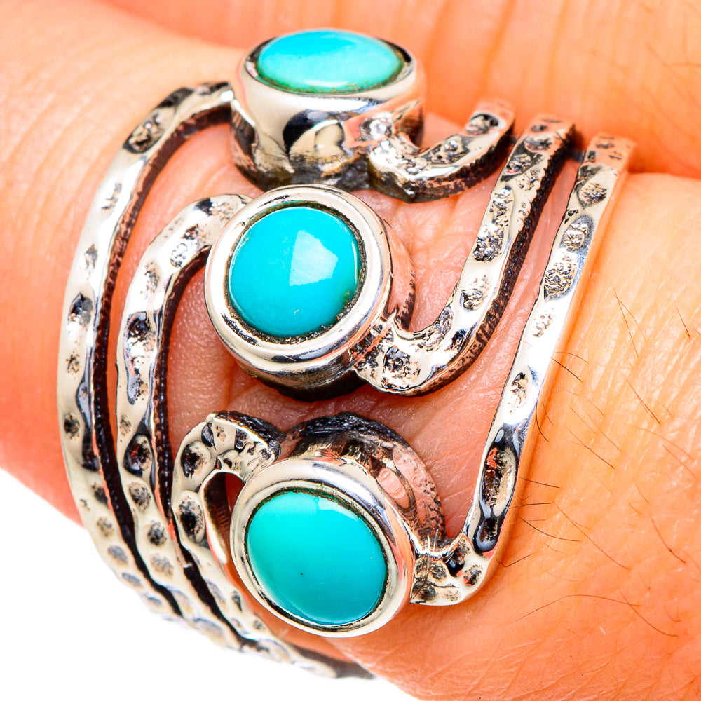 Turquoise and sterling silver openwork ring with three cabochon stones, size 7.25