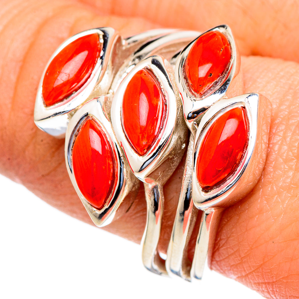 Sterling silver ring with five marquise red coral cabochons, size 9.5