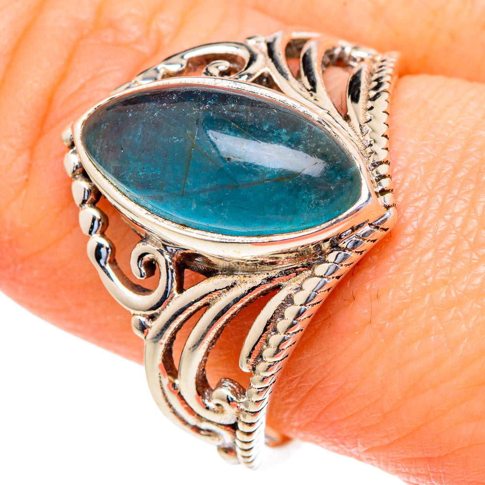 Teardrop apatite set in ornate 925 sterling silver ring, size 10
