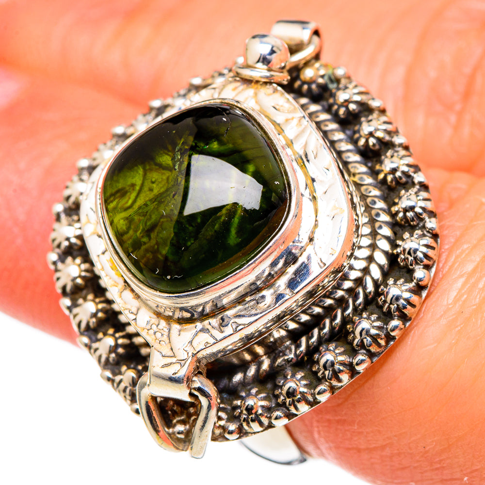 Oval dark green tourmaline ring, 925 sterling silver with engraved filigree bezel