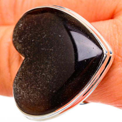 Heart-shaped Montana agate ring, 925 sterling silver with dark glossy stone