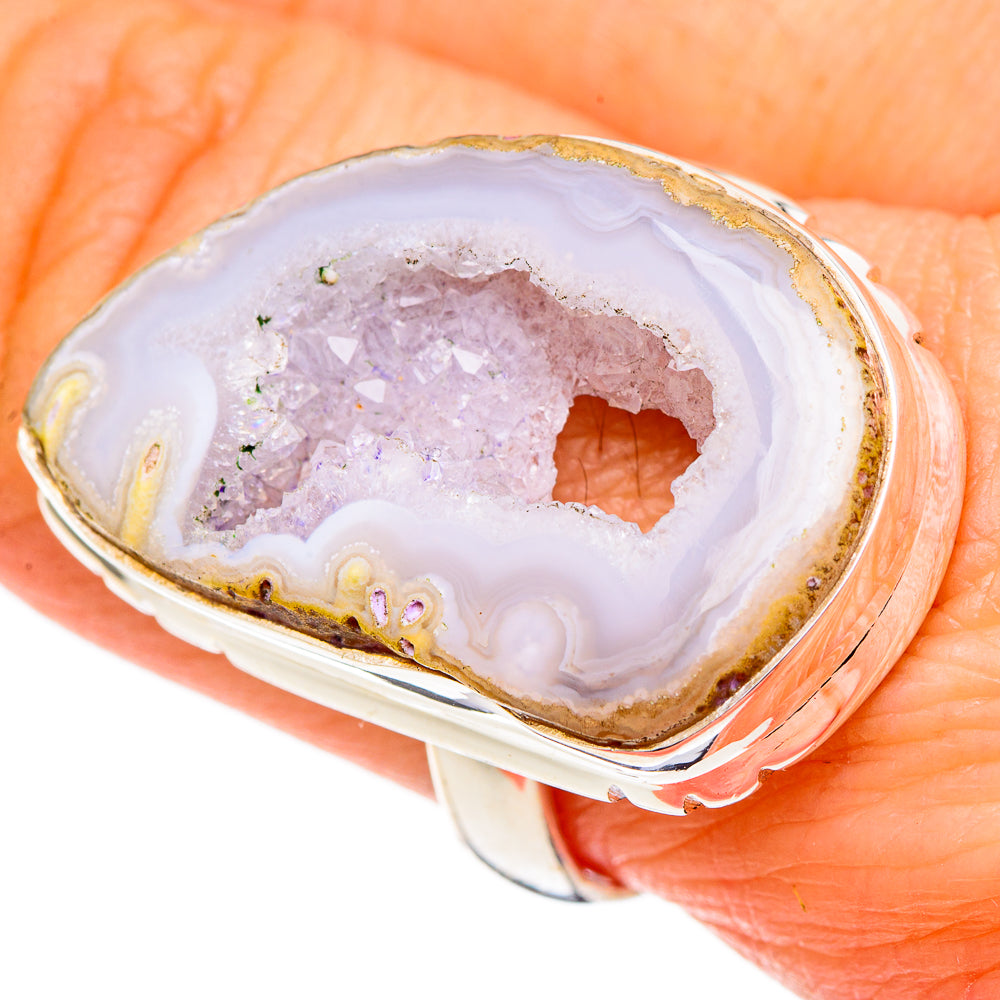 White geode slice ring with sterling silver bezel, purple druzy center and crystal cavity