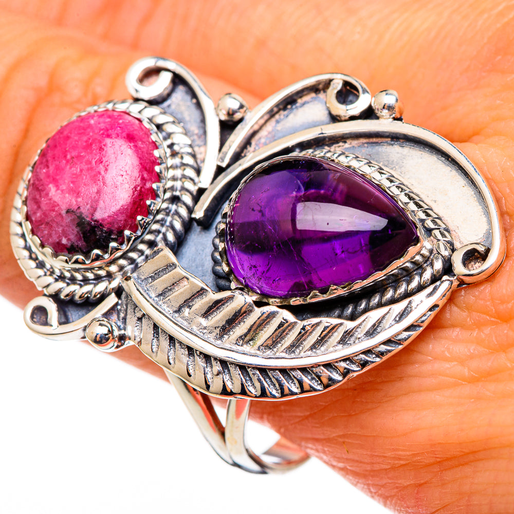 Sterling silver ring with pink rhodonite and amethyst, ornate oval settings