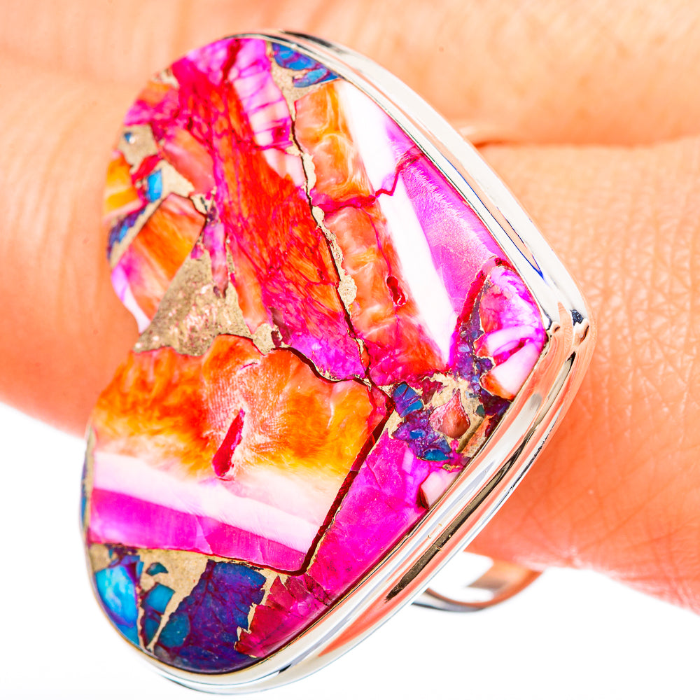 Sterling silver ring with oval multicolor gemstone inlay, pink orange blue purple