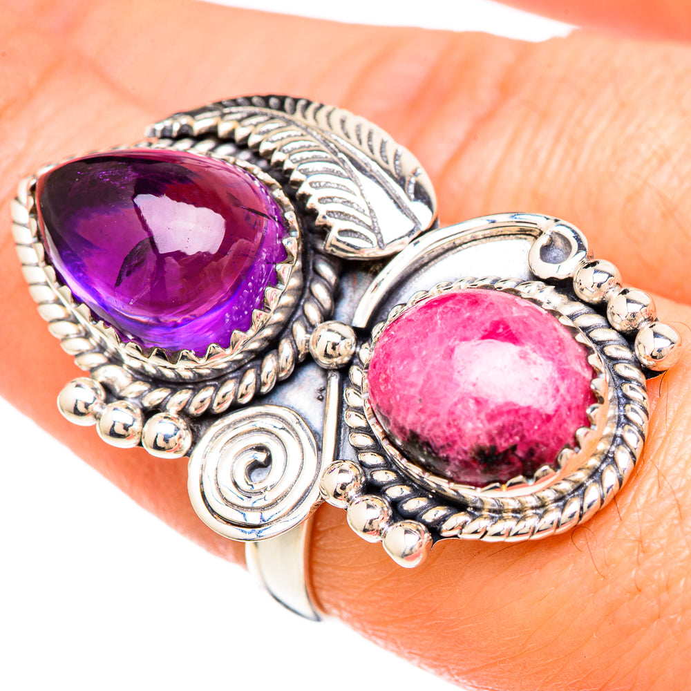 Sterling silver ring with oval purple amethyst and oval pink gemstone, ornate bezels