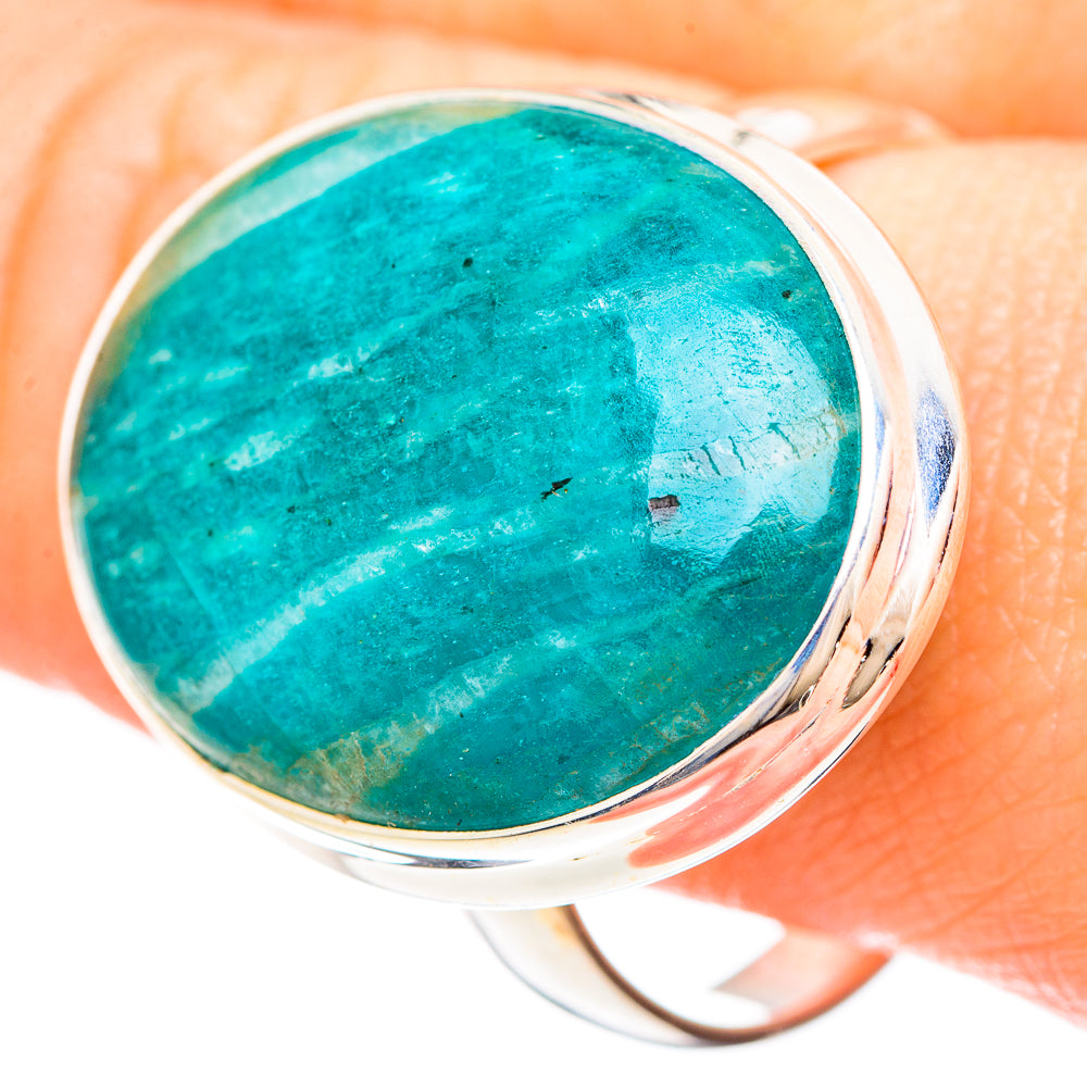 Large oval amazonite sterling silver ring, size 12.75, bezel-set teal stone
