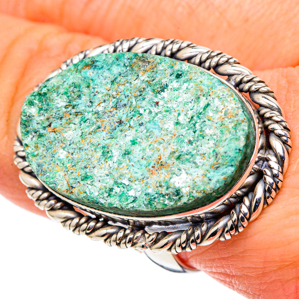 Sterling silver ring with oval rough green fuchsite cabochon and braided bezel