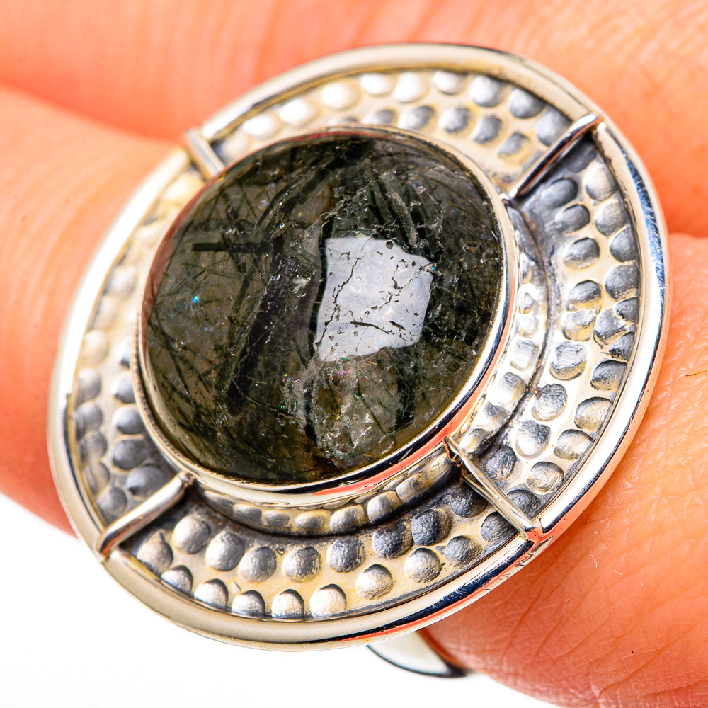 925 sterling silver oval tourmaline quartz ring, dark green stone with dot halo bezel