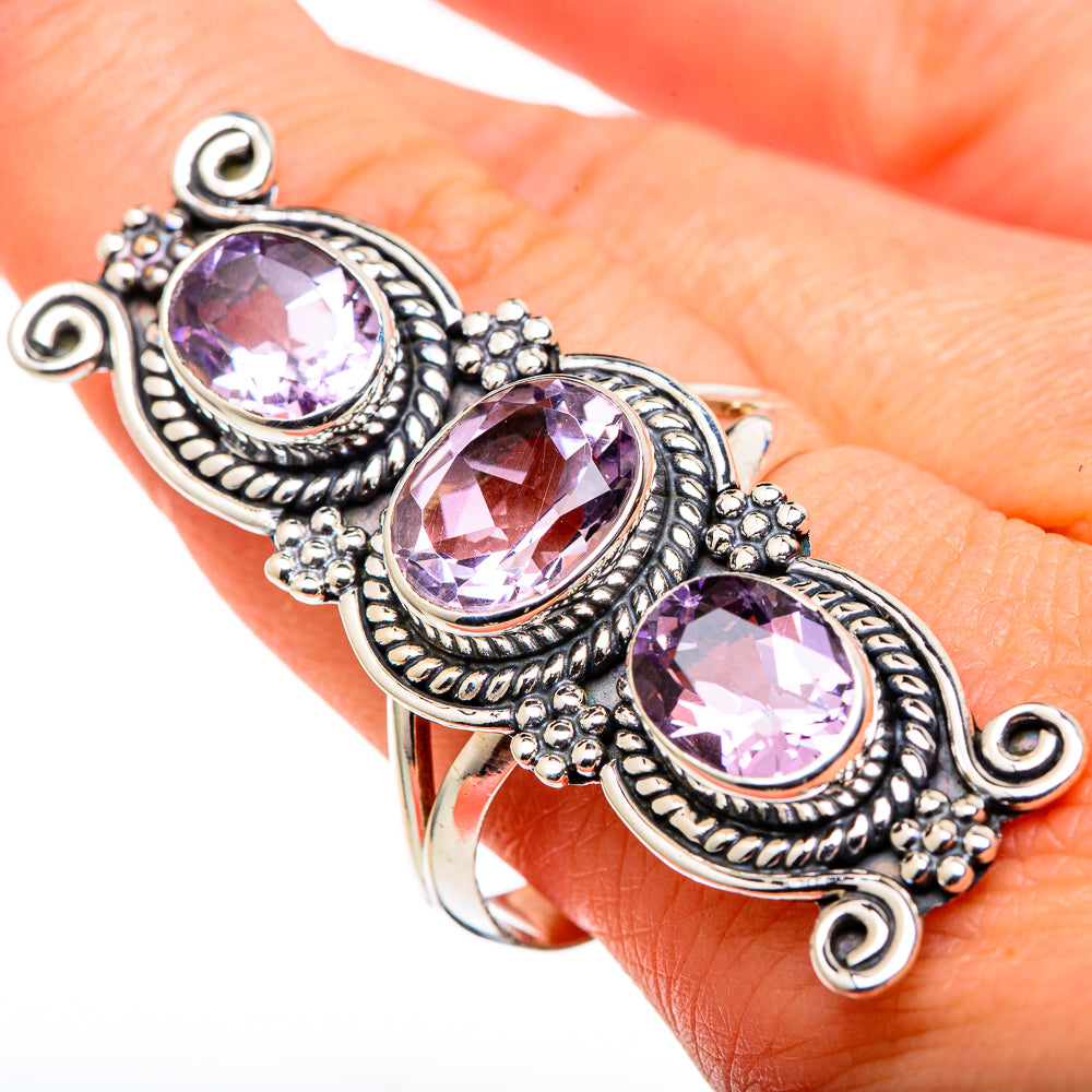 Oval faceted kunzite ring, purple stones in ornate sterling silver setting, size 10.75