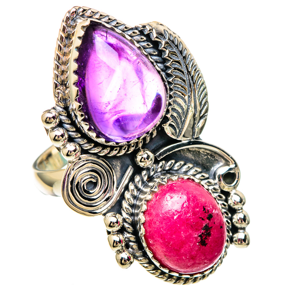 Sterling silver ring with purple amethyst pear and pink rhodonite oval
