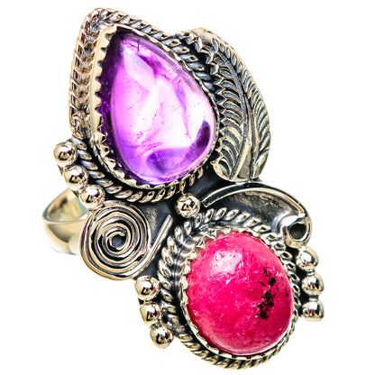 Sterling silver ring with purple amethyst pear and pink rhodonite oval