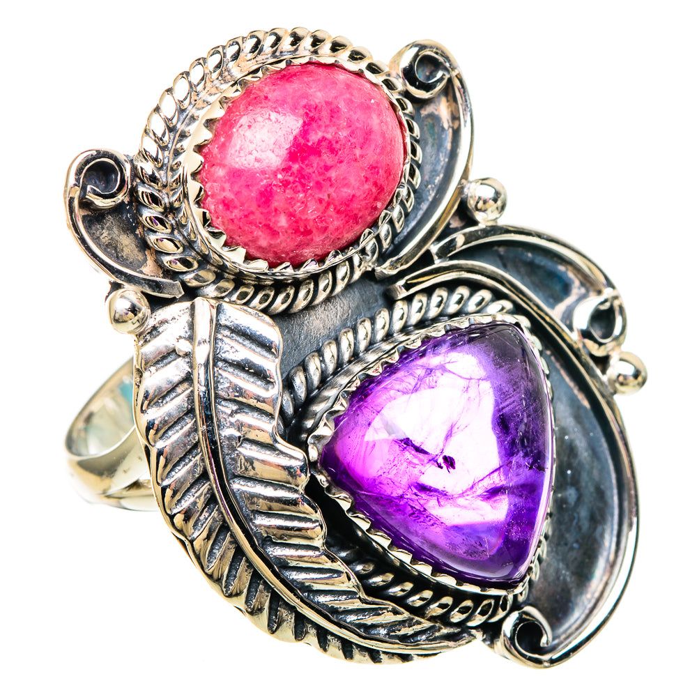 Ornate sterling silver ring with pink oval rhodochrosite and purple oval amethyst cabochons